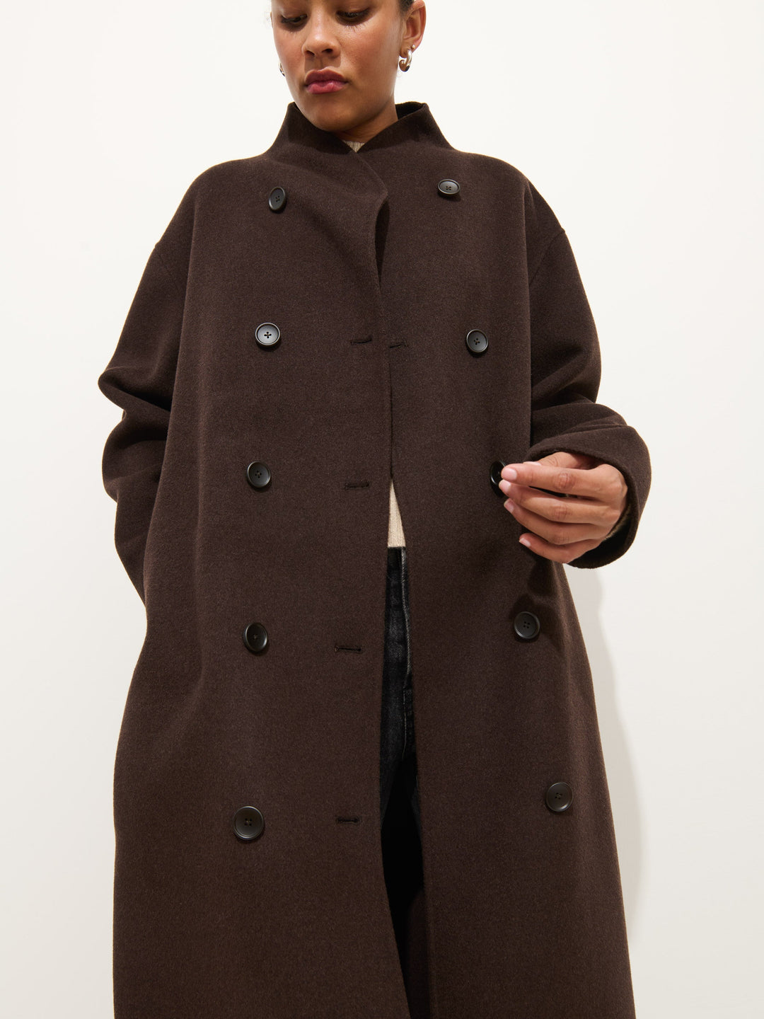 Alex Mill Long Sophia Coat in Chocolate on model, worn open