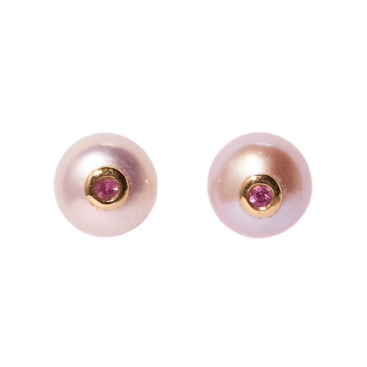 A/C - 14k gold + pink freshwater Pearl + Pink Sapphine Stud earrings - Kalifornia Jean Bar