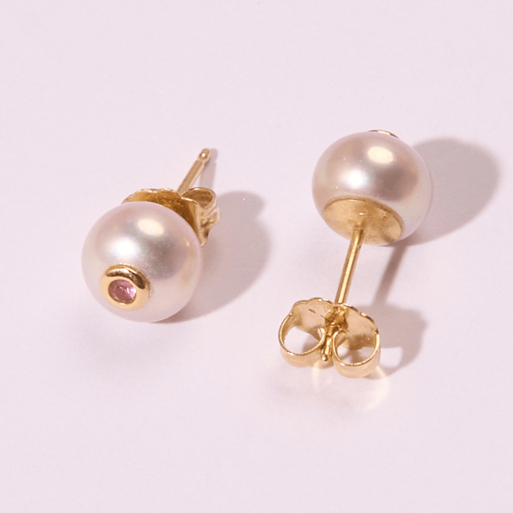 A/C - 14k gold + pink freshwater Pearl + Pink Sapphine Stud earrings - Kalifornia Jean Bar
