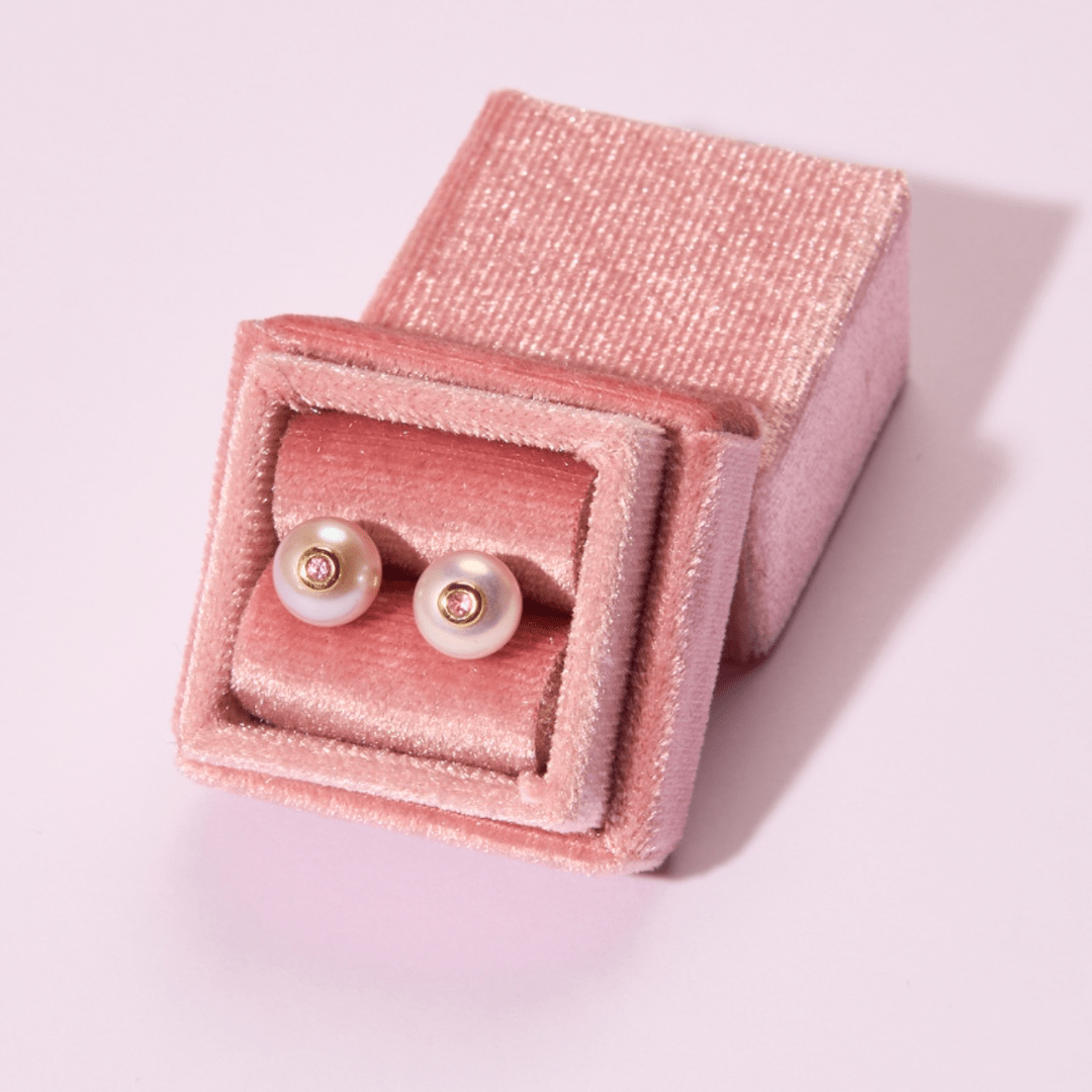 A/C - 14k gold + pink freshwater Pearl + Pink Sapphine Stud earrings - Kalifornia Jean Bar