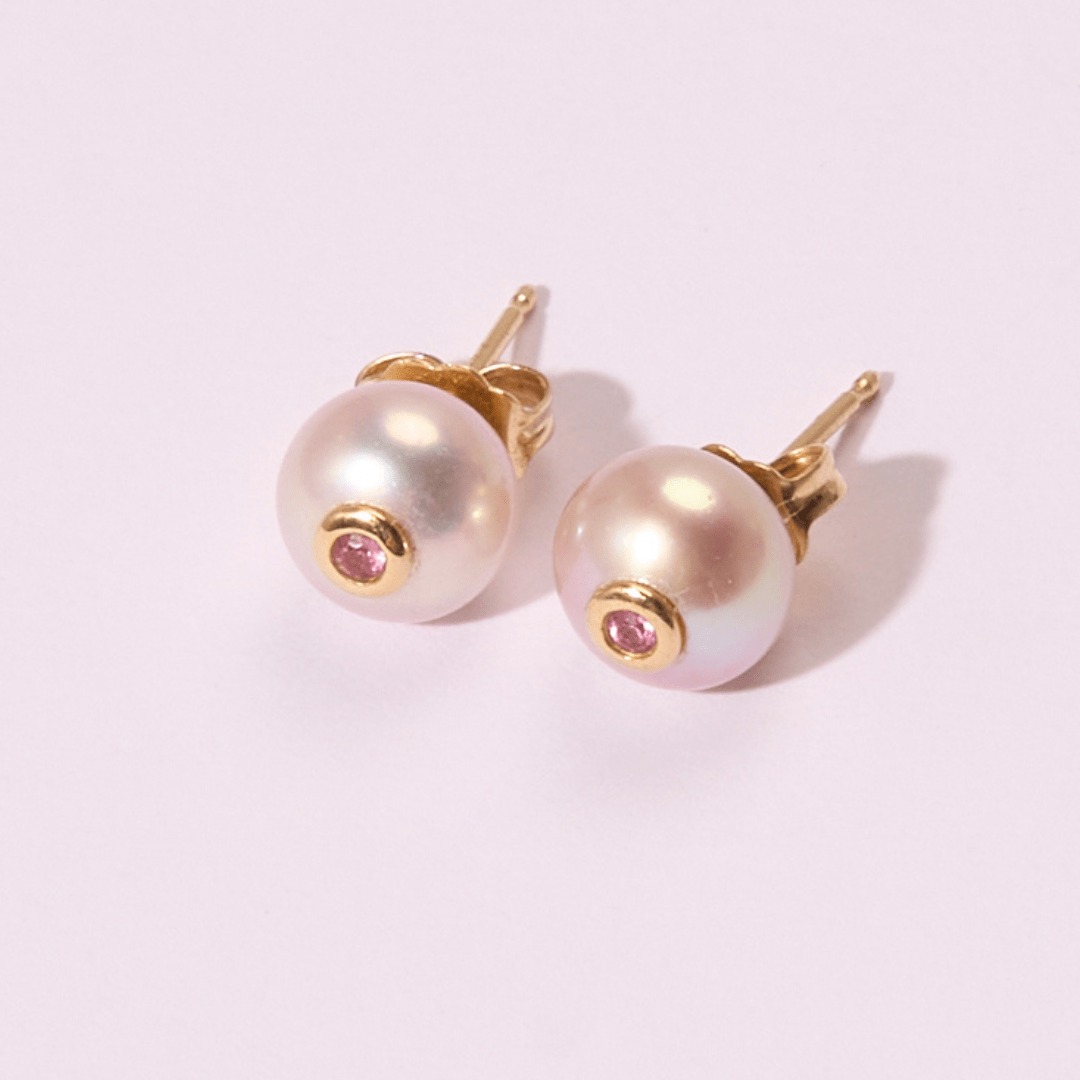A/C - 14k gold + pink freshwater Pearl + Pink Sapphine Stud earrings - Kalifornia Jean Bar