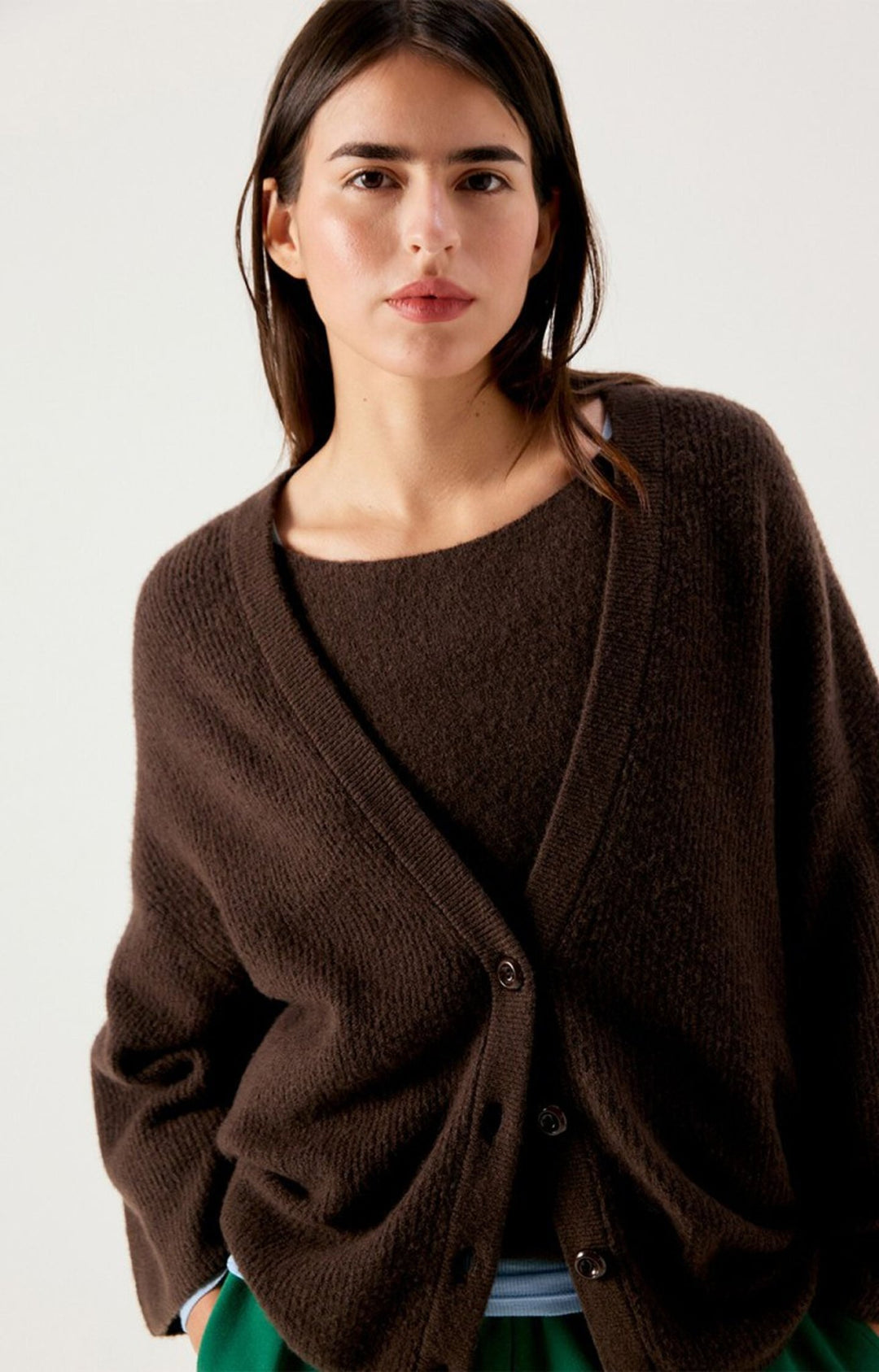 American Vintage - Damsville V-Neck Cardigan - Melange Brown - Kalifornia Jean Bar