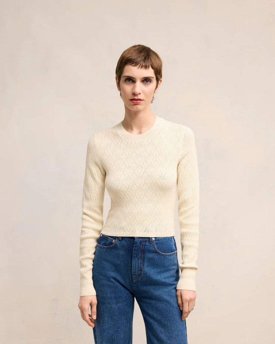 AMI PARIS - Off White Ami De Coeur Pointelle Crewneck Sweater - Kalifornia Jean BarAMI PARIS - Off White Ami De Coeur Pointelle Crewneck Sweater