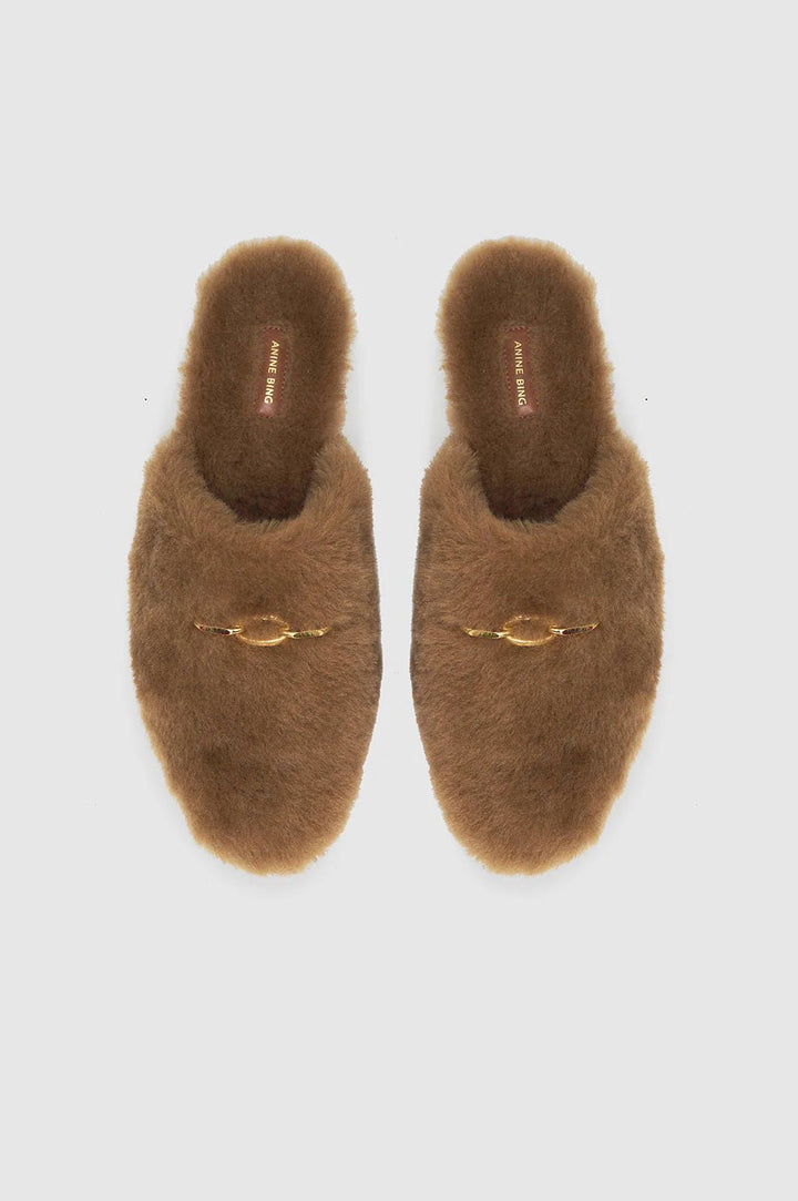 Anine Bing - Shearling Mules in Camel - Kalifornia Jean Bar