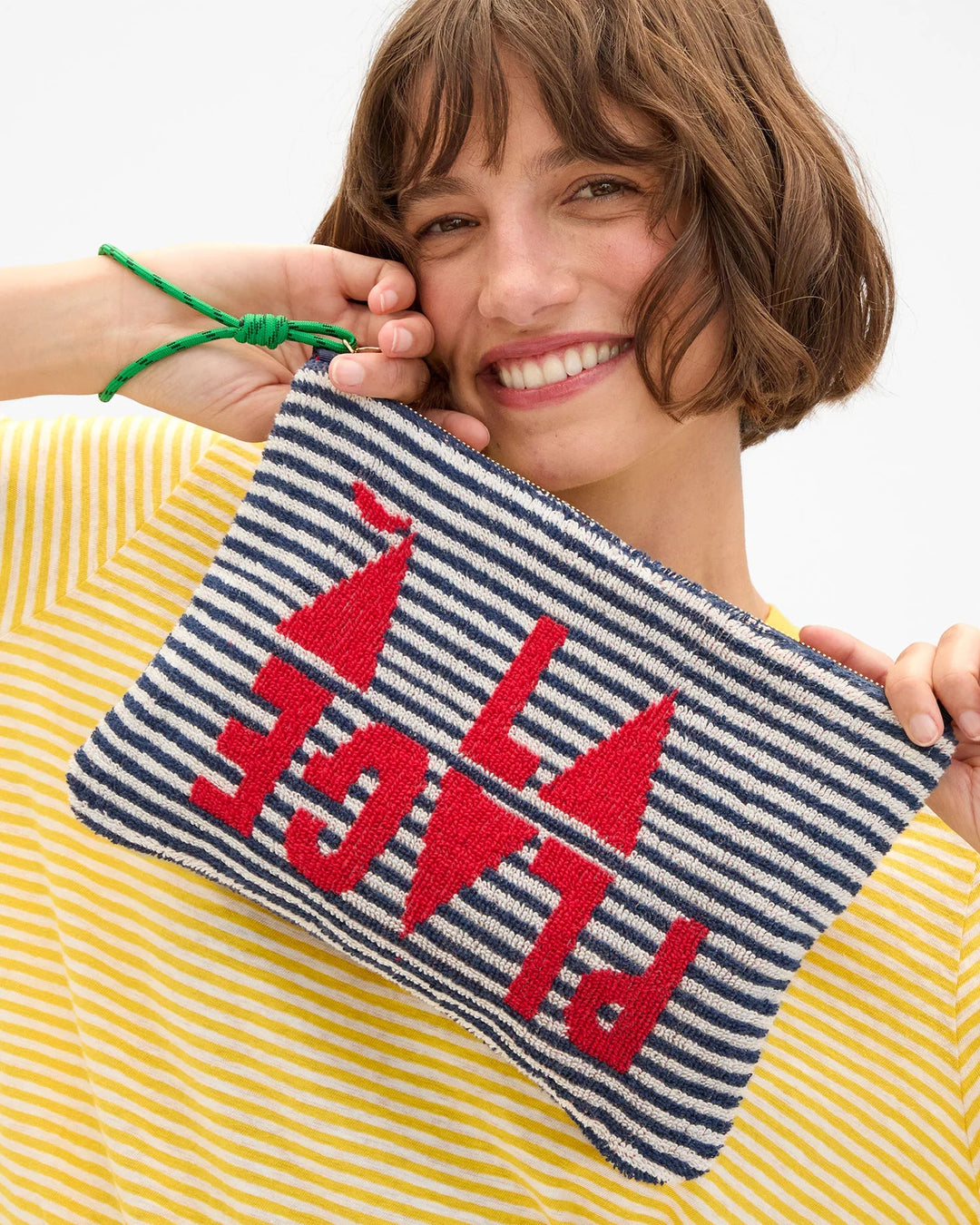 Clare V. - A La Plage Flat Clutch Terry Cloth in Deep Dive/Cream - Kalifornia Jean Bar