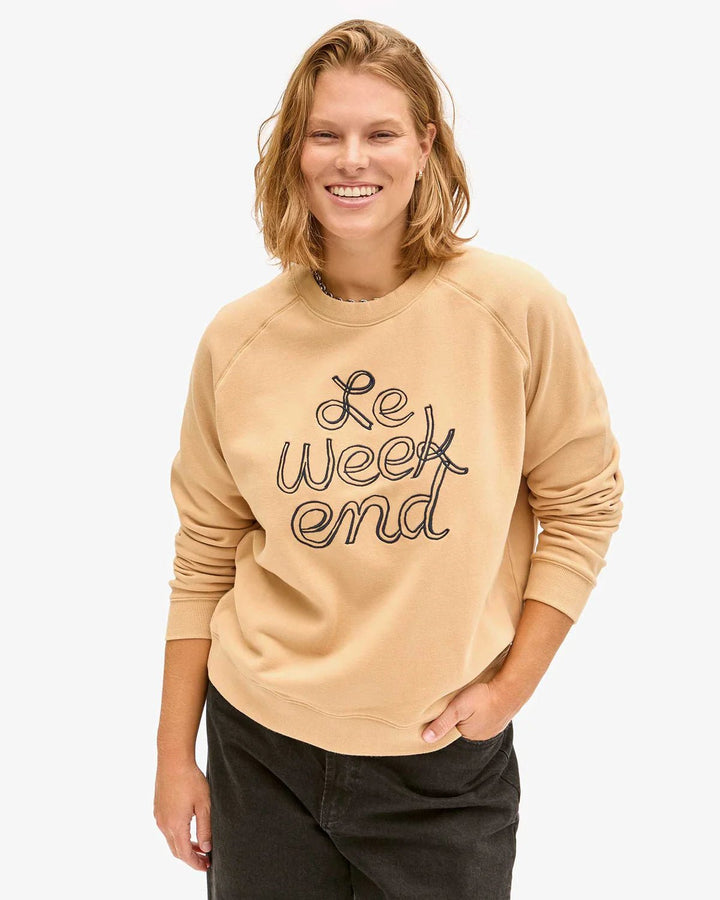 Clare V - Embroidered Le Weekend Sweatshirt in Sand - Kalifornia Jean Bar Clare V - Embroidered Le Weekend Sweatshirt in Sand