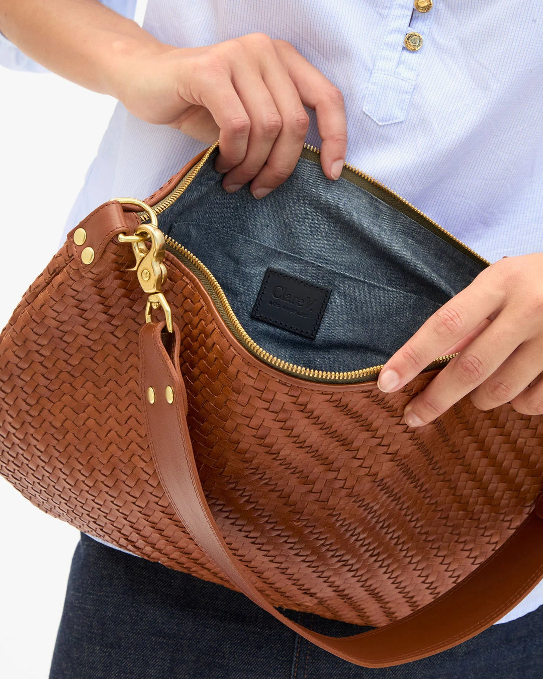 Clare V. - Moyen Messenger Hazelnut Woven Zig-Zag - Kalifornia Jean Bar