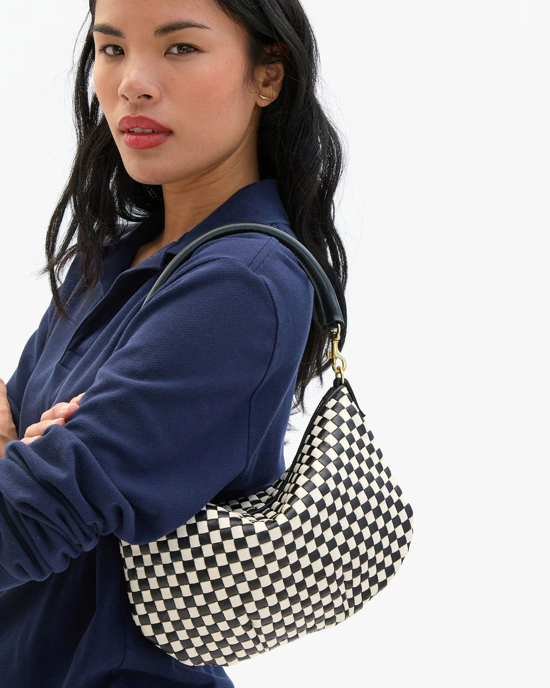 Clare V - Petit Moyen Messenger Black/Cream Woven Check Bag - Kalifornia Jean Bar