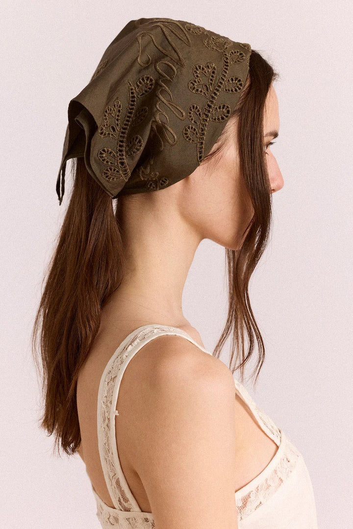 Damson Madder - Embroidered Headscarf Khaki Green - Kalifornia Jean Bar