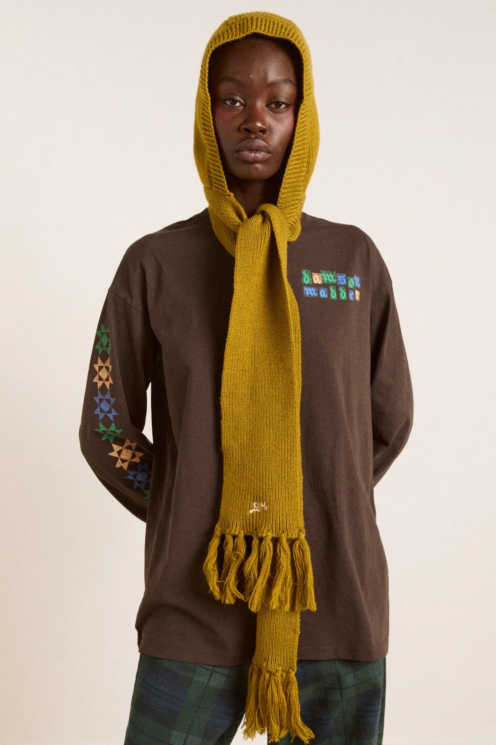 Damson Madder - Tassel Hooded Scarf in Olive - Kalifornia Jean Bar