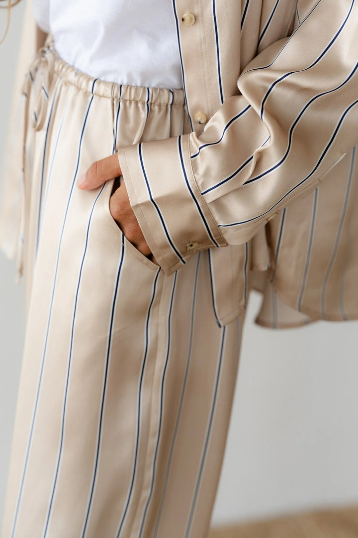 DONNI - Sand Pinstripe Silk Pant - Kalifornia Jean Bar