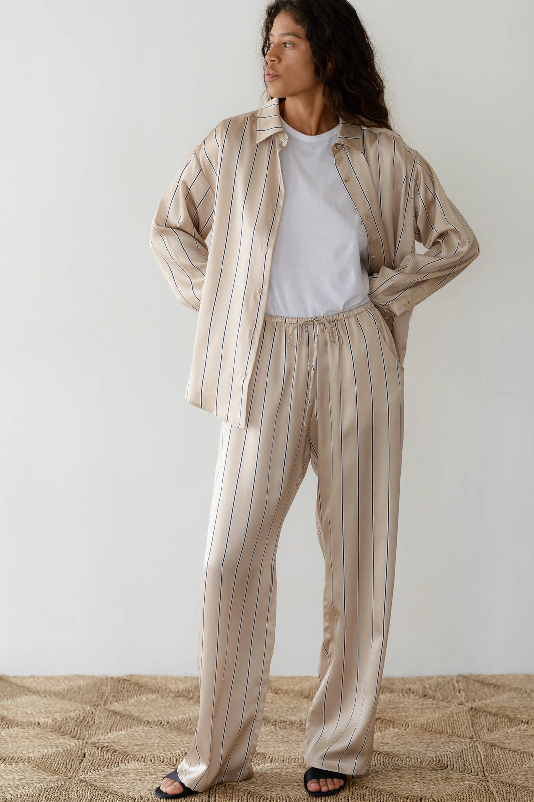 DONNI - Sand Pinstripe Silk Pant - Kalifornia Jean Bar