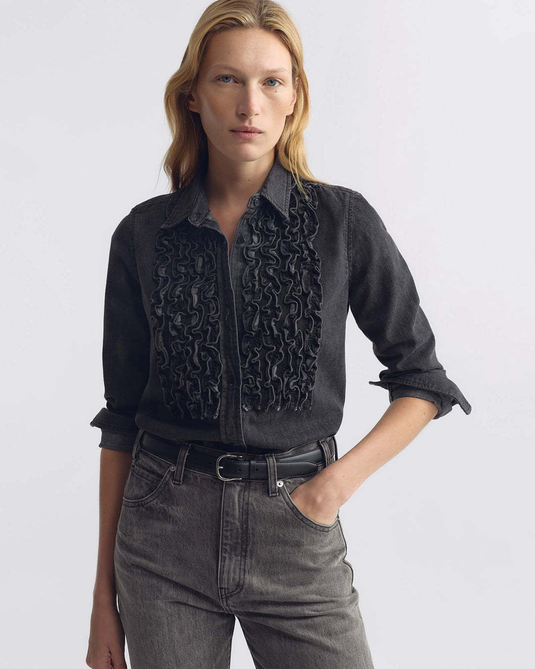 Nili Lotan - Emilie Denim Ruffle Shirt Faded Black