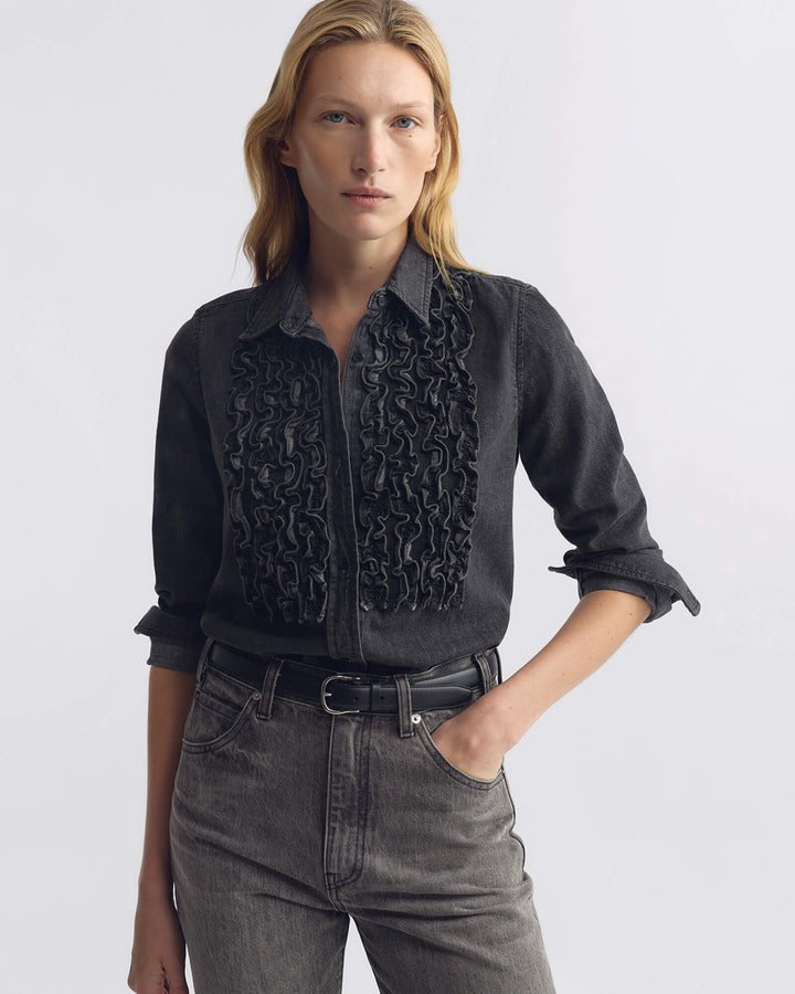 Nili Lotan - Emilie Denim Ruffle Shirt Faded Black