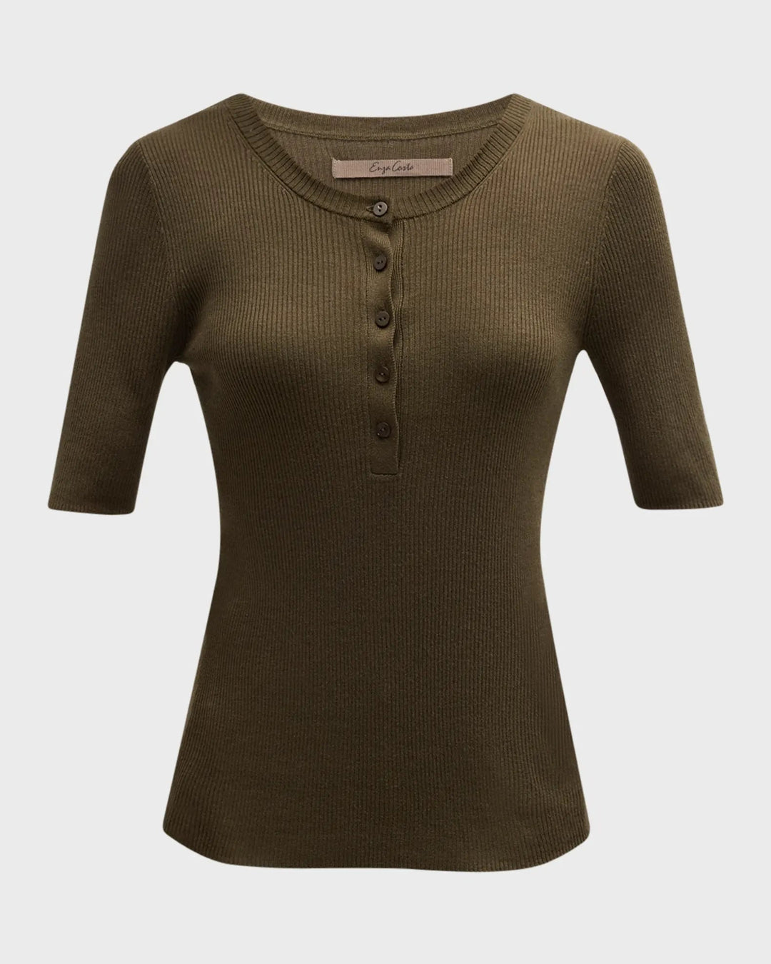 Enza Costa - Army Green Silk Ribbed Half Sleeve Henley - Kalifornia Jean Bar