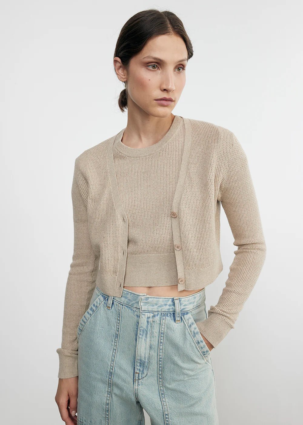 Enza Costa - Basalt Linen Open Knit Cropped Cardigan - Kalifornia Jean Bar