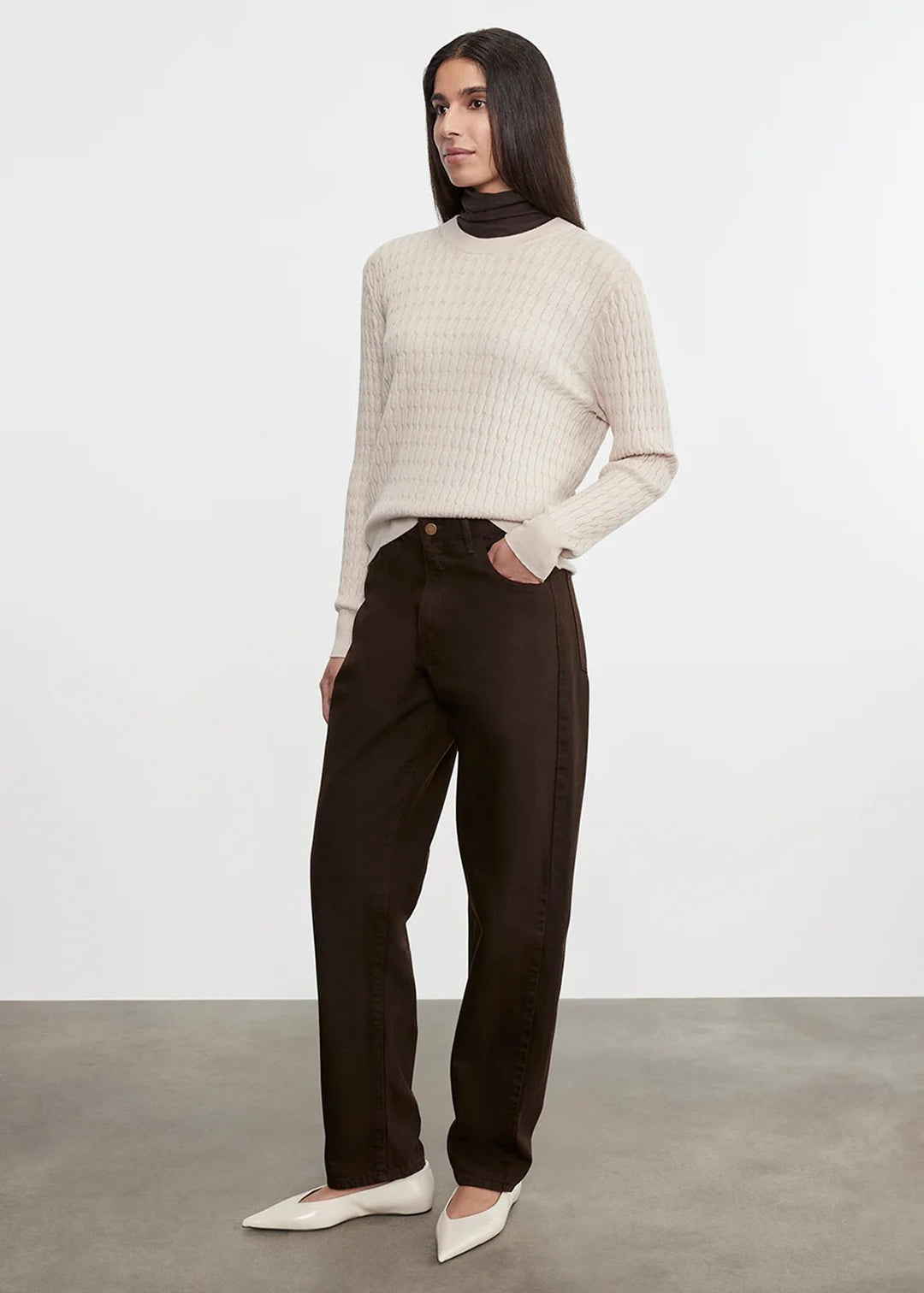 Enza Costa TS - Parchment Cashmere Cotton Cable Knit Easy Crew - Kalifornia Jean Bar