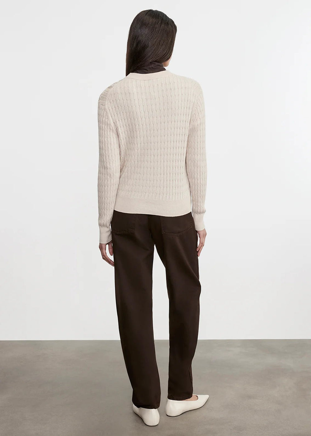 Enza Costa TS - Parchment Cashmere Cotton Cable Knit Easy Crew - Kalifornia Jean Bar