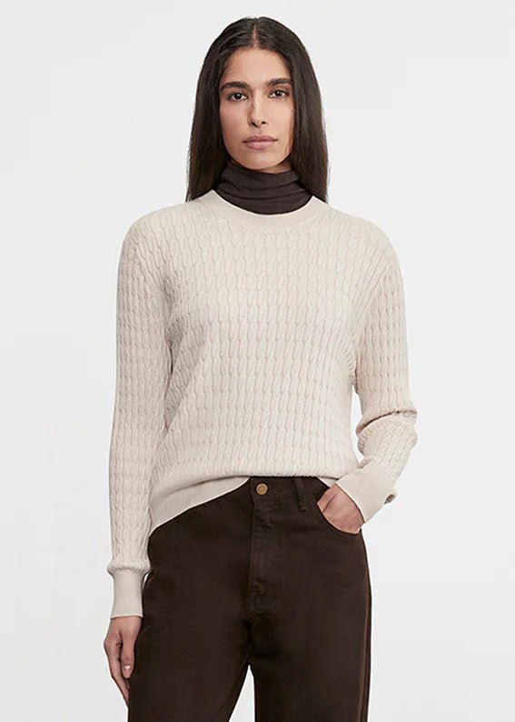 Enza Costa TS - Parchment Cashmere Cotton Cable Knit Easy Crew - Kalifornia Jean Bar