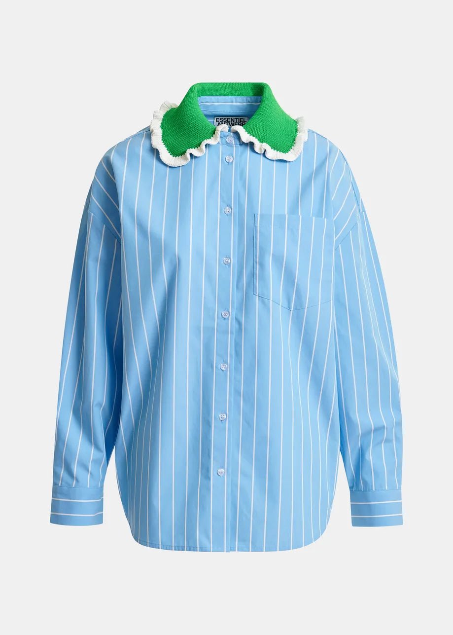 Essentiel Antwerp - Joyful Light Blue Striped Polo Green Crocheted Collar - Kalifornia Jean Bar