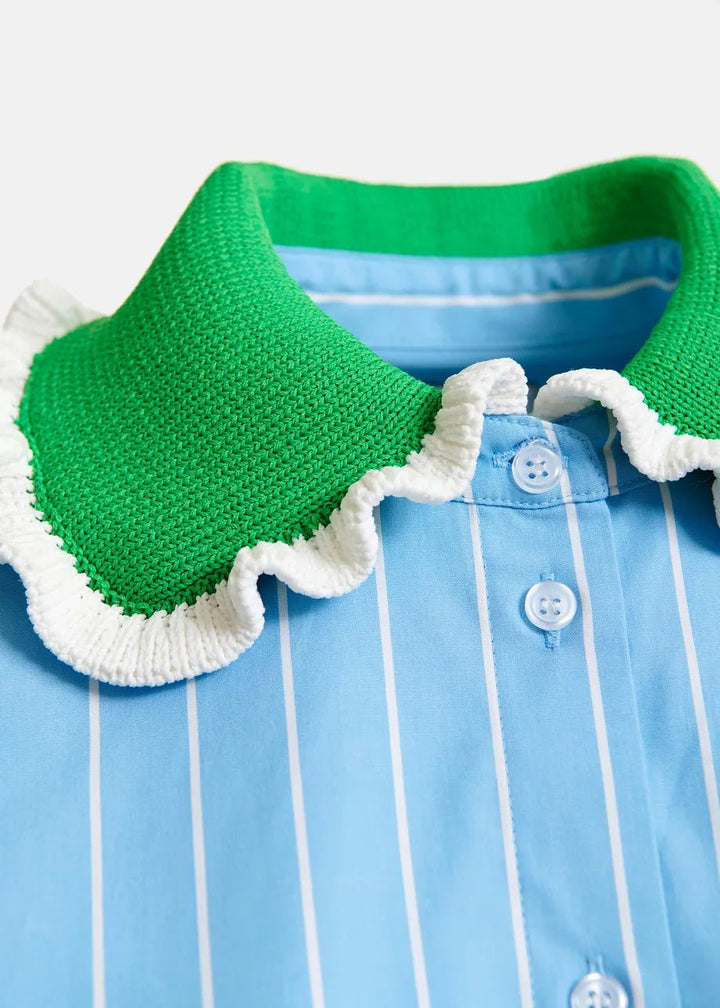 Essentiel Antwerp - Joyful Light Blue Striped Polo Green Crocheted Collar - Kalifornia Jean Bar