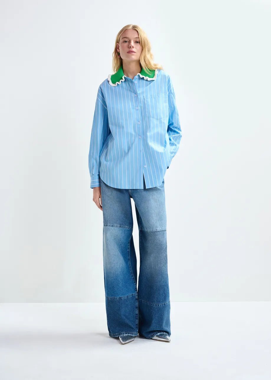 Essentiel Antwerp - Joyful Light Blue Striped Polo Green Crocheted Collar - Kalifornia Jean Bar