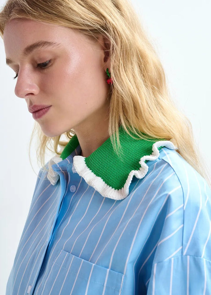 Essentiel Antwerp - Joyful Light Blue Striped Polo Green Crocheted Collar - Kalifornia Jean Bar