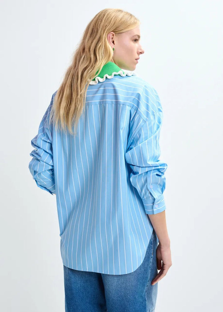 Essentiel Antwerp - Joyful Light Blue Striped Polo Green Crocheted Collar - Kalifornia Jean Bar