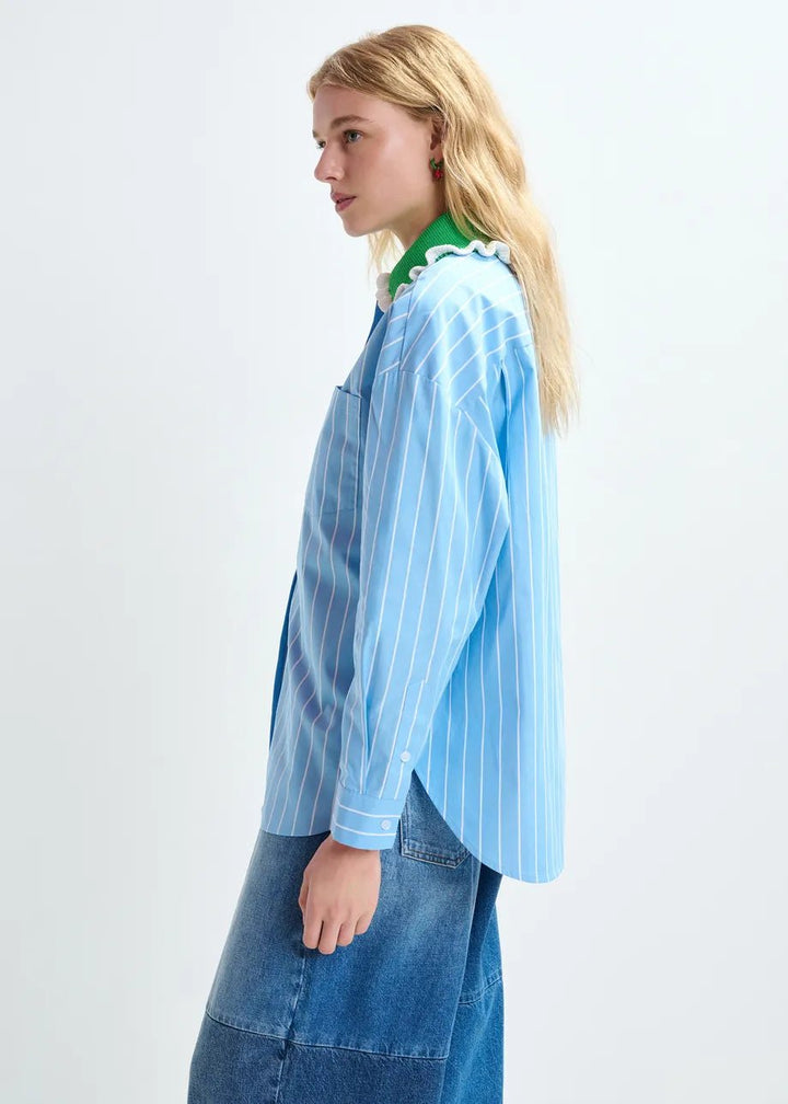 Essentiel Antwerp - Joyful Light Blue Striped Polo Green Crocheted Collar - Kalifornia Jean Bar