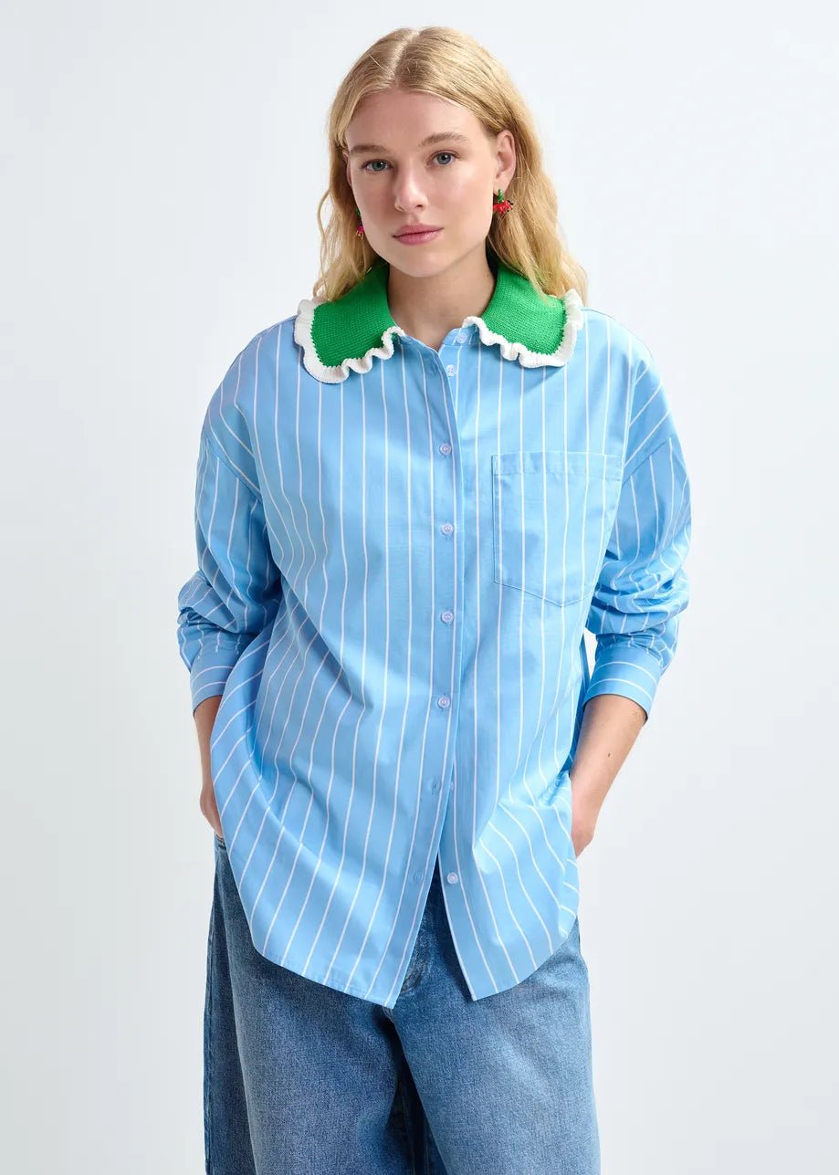 Essentiel Antwerp - Joyful Light Blue Striped Polo Green Crocheted Collar - Kalifornia Jean Bar
