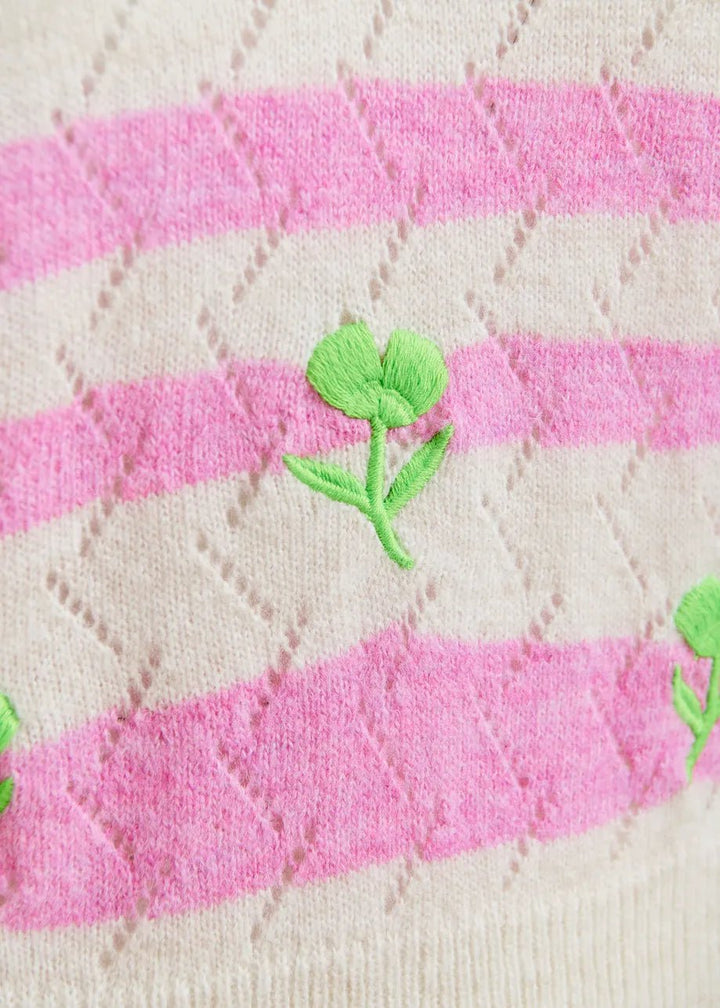 Essentiel Antwerp - Light Pink Striped Intarsia Sweater Green Flower Embroidery - Kalifornia Jean Bar
