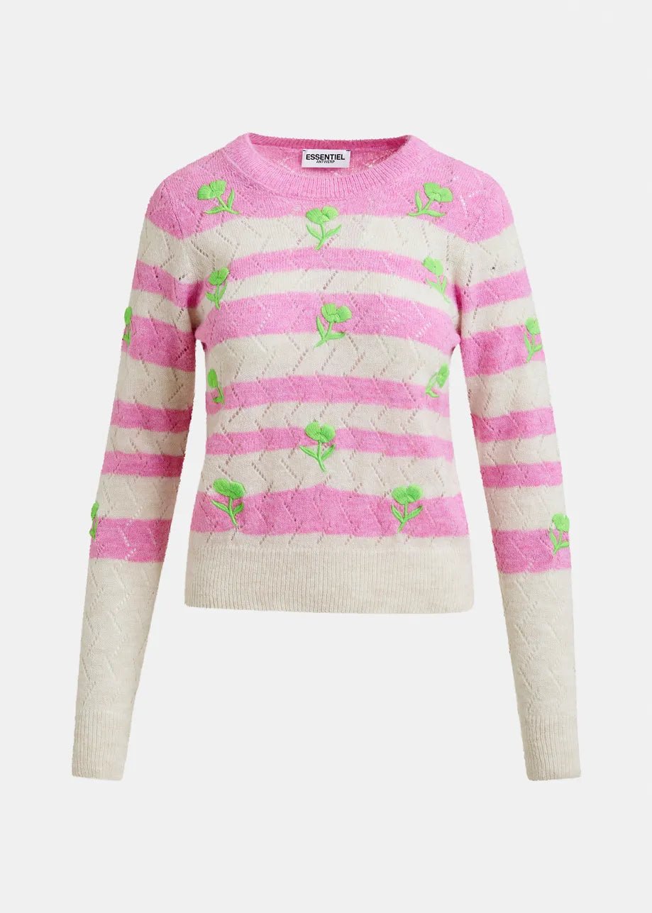 Essentiel Antwerp - Light Pink Striped Intarsia Sweater Green Flower Embroidery - Kalifornia Jean Bar