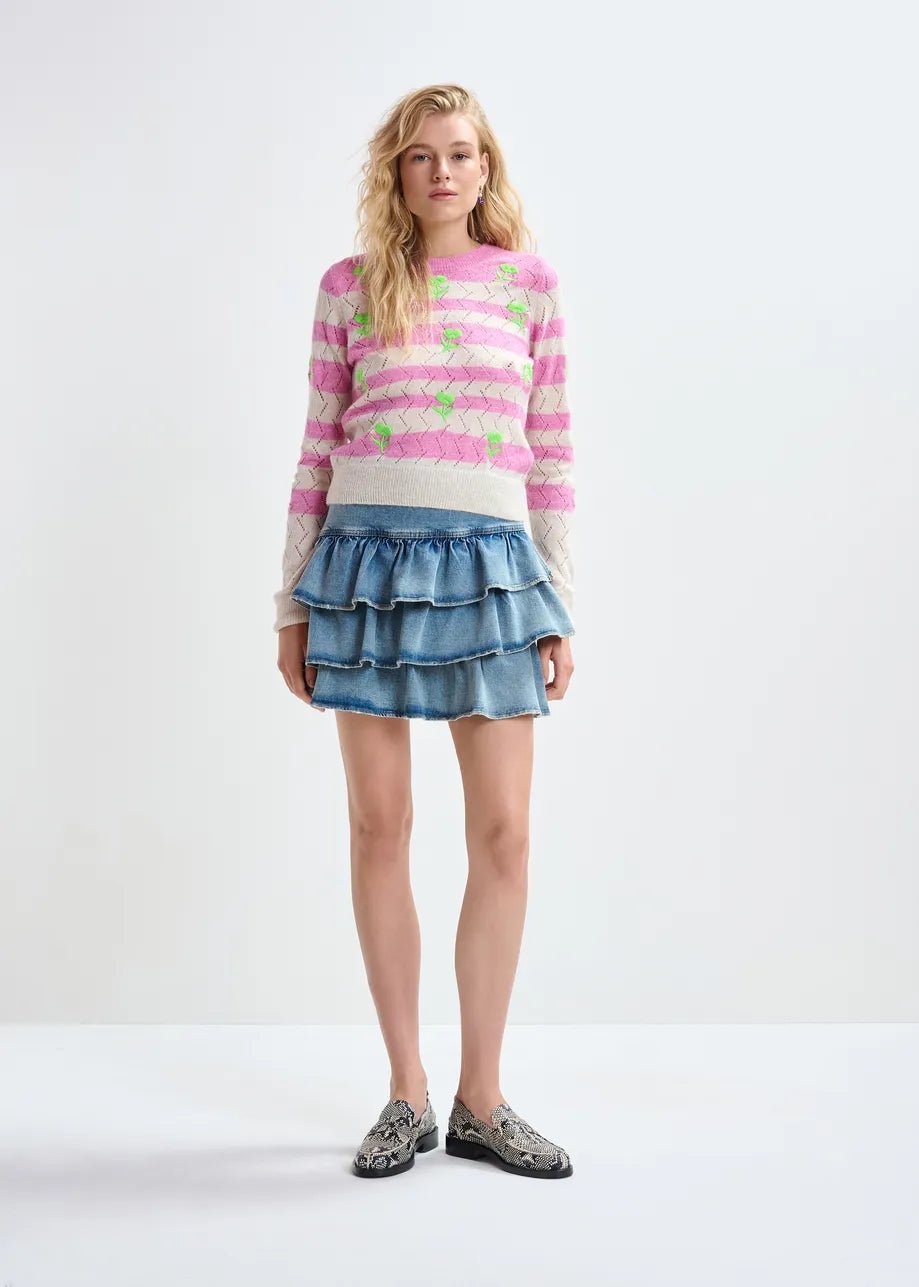 Essentiel Antwerp - Light Pink Striped Intarsia Sweater Green Flower Embroidery - Kalifornia Jean Bar