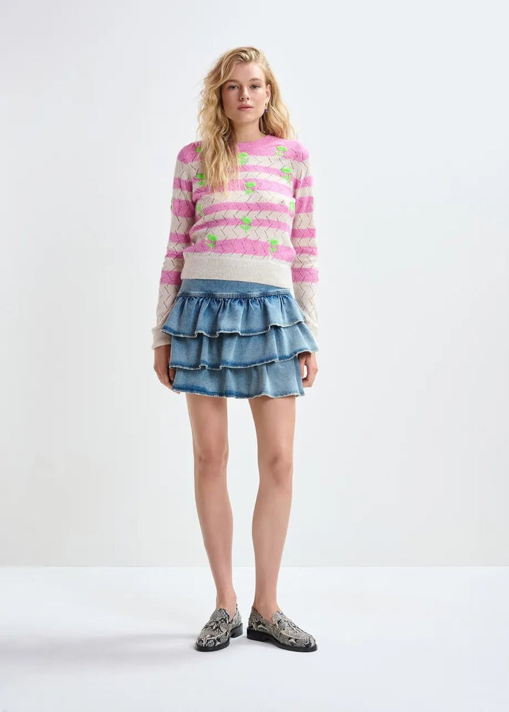 Essentiel Antwerp - Light Pink Striped Intarsia Sweater Green Flower Embroidery - Kalifornia Jean Bar