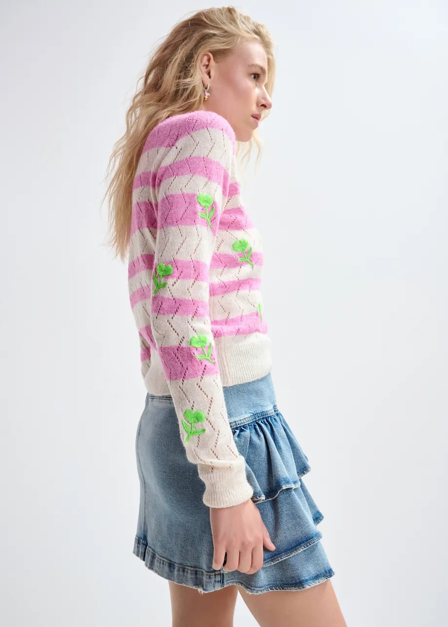 Essentiel Antwerp - Light Pink Striped Intarsia Sweater Green Flower Embroidery - Kalifornia Jean Bar