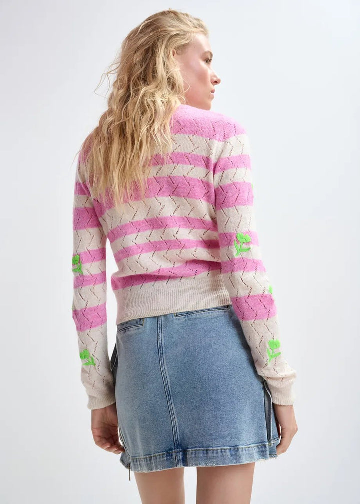 Essentiel Antwerp - Light Pink Striped Intarsia Sweater Green Flower Embroidery - Kalifornia Jean Bar