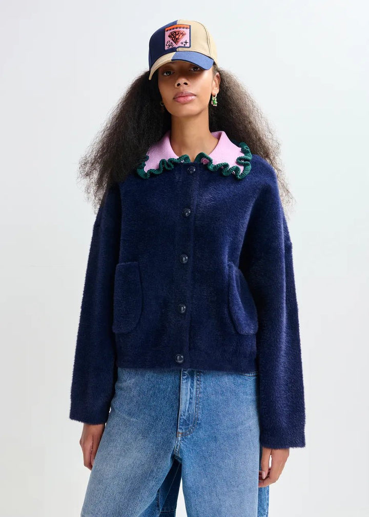Essentiel Antwerp - Navy Cardigan Purple Green Ruffle Collar - Kalifornia Jean Bar