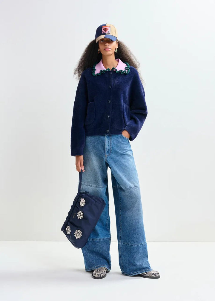 Essentiel Antwerp - Navy Cardigan Purple Green Ruffle Collar - Kalifornia Jean Bar