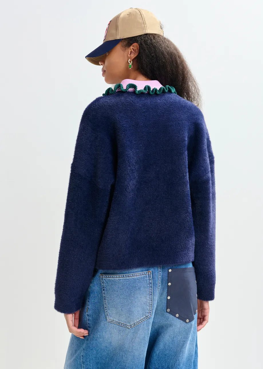 Essentiel Antwerp - Navy Cardigan Purple Green Ruffle Collar - Kalifornia Jean Bar