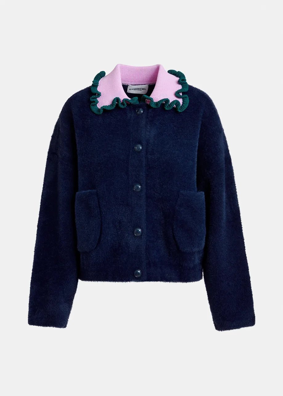 Essentiel Antwerp - Navy Cardigan Purple Green Ruffle Collar - Kalifornia Jean Bar