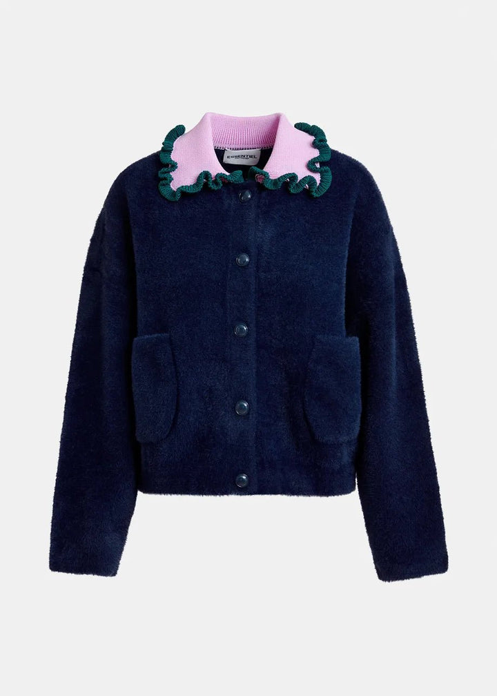 Essentiel Antwerp - Navy Cardigan Purple Green Ruffle Collar - Kalifornia Jean Bar