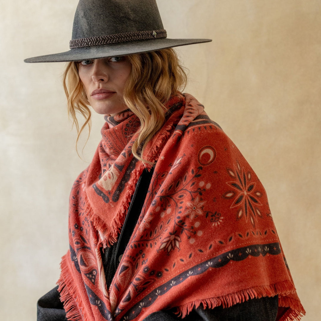 Freya - Cranberry Rose Celestial Bird Cashmere Bandana Sweater Wrap - Kalifornia Jean Bar