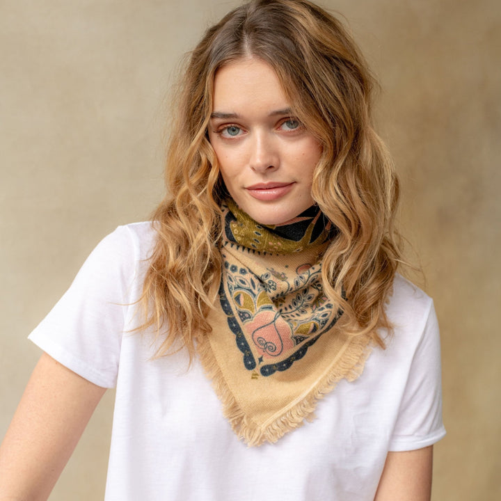 Freya - Mini Celestial Bird Cashmere Bandana - Sandstone / Matcha / Pink - Kalifornia Jean Bar