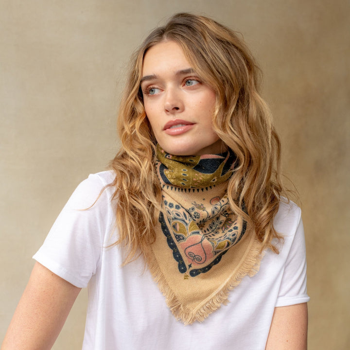 Freya - Mini Celestial Bird Cashmere Bandana - Sandstone / Matcha / Pink - Kalifornia Jean Bar