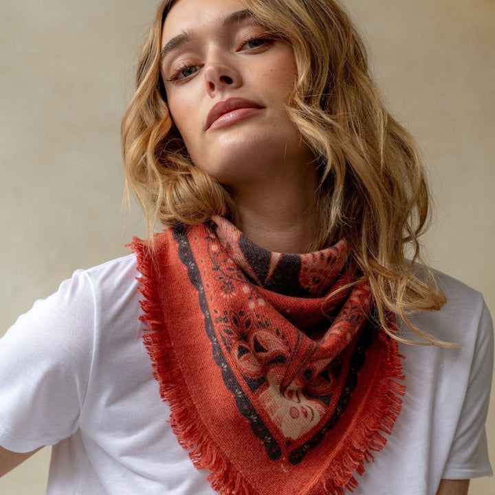 Freya - Mini Cranberry/Rose Celestial Bird Cashmere Bandana - Kalifornia Jean Bar