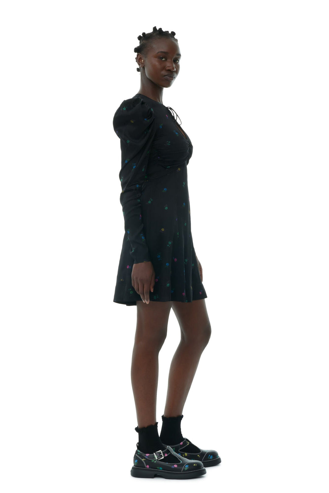 Ganni - Black Printed Long Sleeve Mini Dress - Kalifornia Jean Bar