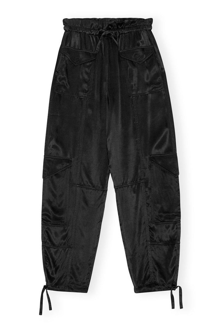 GANNI - Black Washed Satin Pocket Pants - Kalifornia Jean Bar