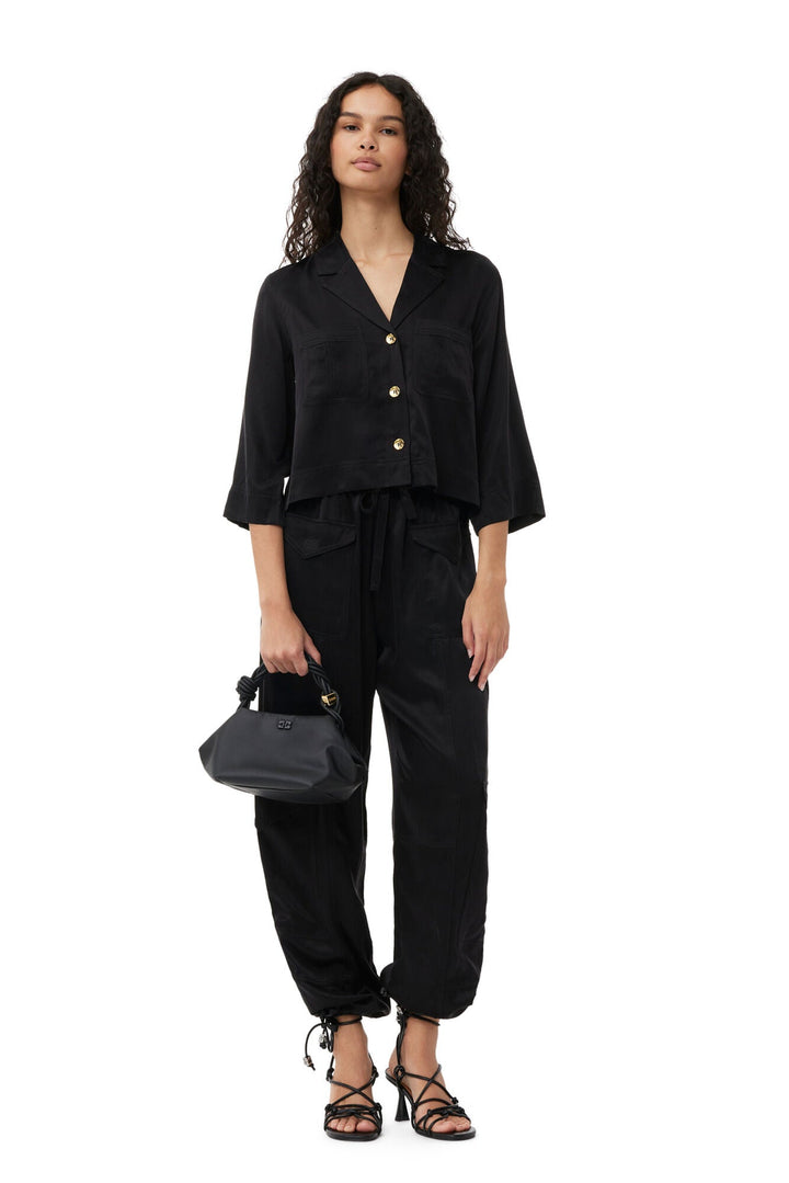 GANNI - Black Washed Satin Pocket Pants - Kalifornia Jean Bar