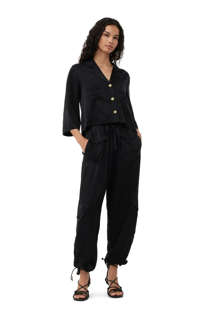 GANNI - Black Washed Satin Pocket Pants - Kalifornia Jean Bar