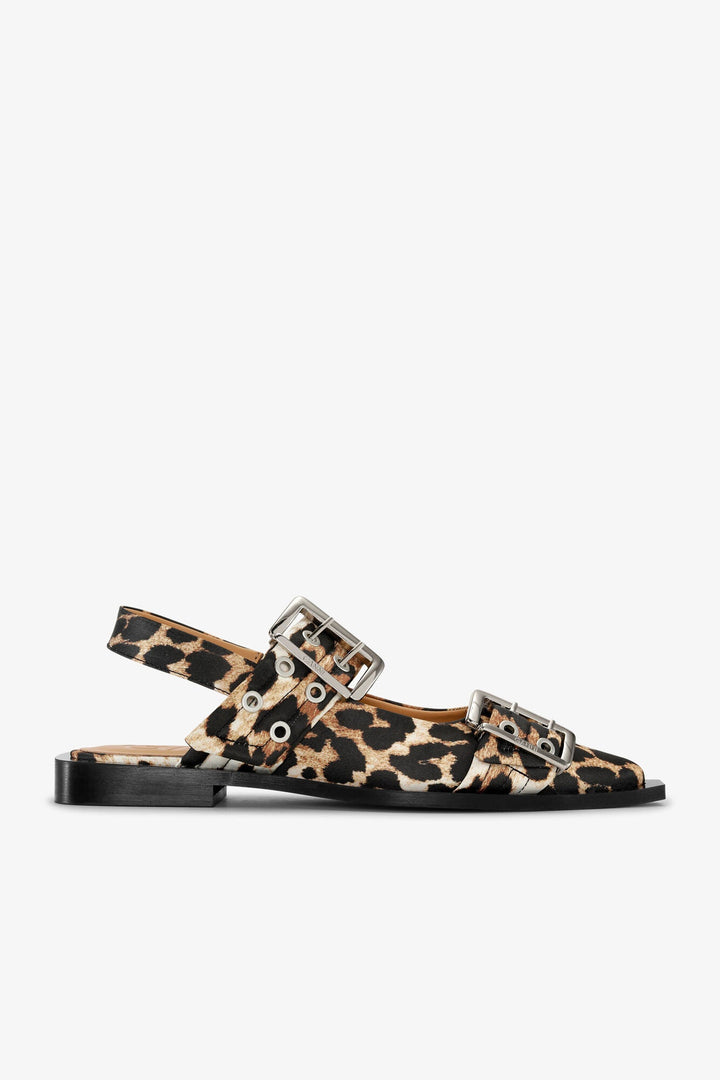 Ganni - Buckle Ballerina in Leopard Satin - Kalifornia Jean Bar